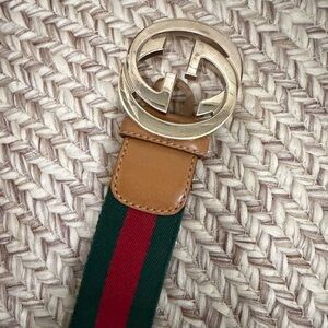 Gucci Belt with Green and Red Stripes and Gold Buckle